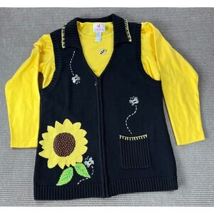 Quacker Factory Womens L Sunflower Bee 2pc Set Black Knit Vest Yellow Shirt
